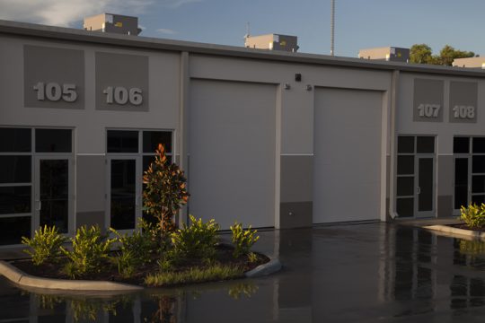 Two large closed commercial garage doors.
